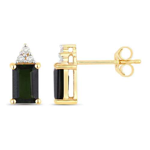 1.25 Carat Genuine Green Tourmaline and White Diamond 14K Yellow Gold Earrings