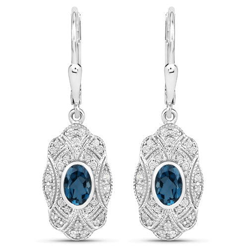 1.32 Carat Genuine London Blue Topaz and White Topaz .925 Sterling Silver Earrings
