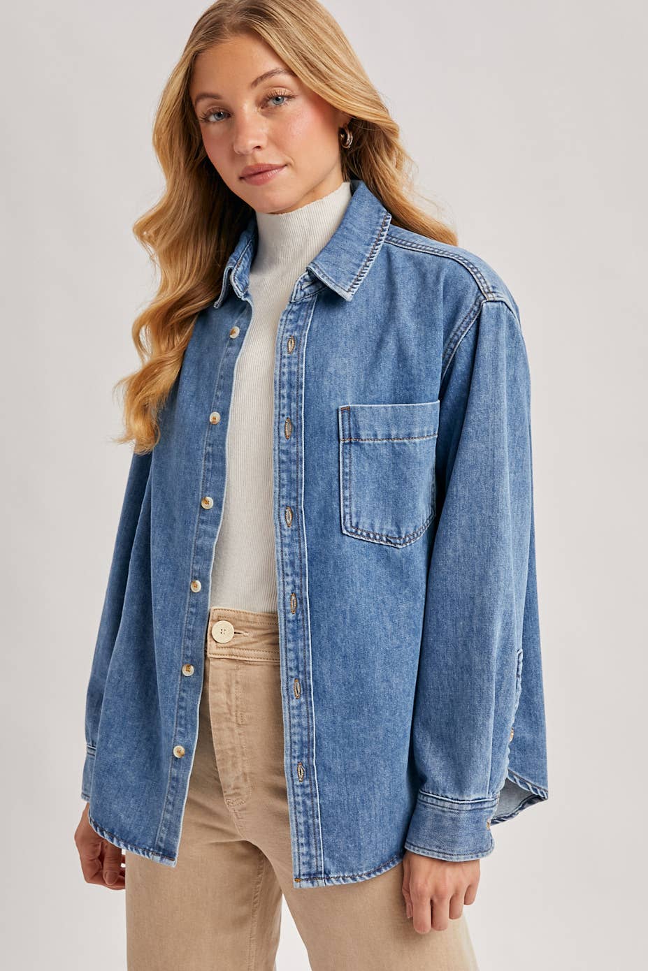 DENIM BUTTON DOWN OVERSIZED SHIRTS: MED.WASH