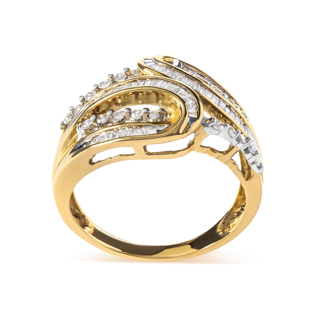 10K Yellow Gold 1/2 Cttw Round and Baguette cut Diamond Open Space Bypass Ring (H-I Color, SI2-I1 Clarity) - Ring Size 7