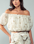 Elastic Off Shoulder Floral Crop Blouse - Taupe