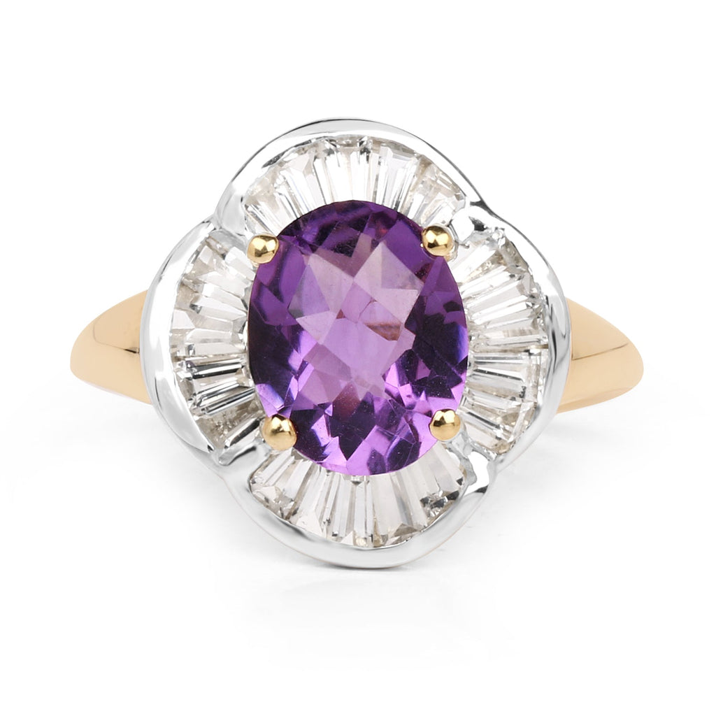 14K Yellow Gold Plated 3.35 Carat Genuine Amethyst & White Topaz .925 Sterling Silver Ring