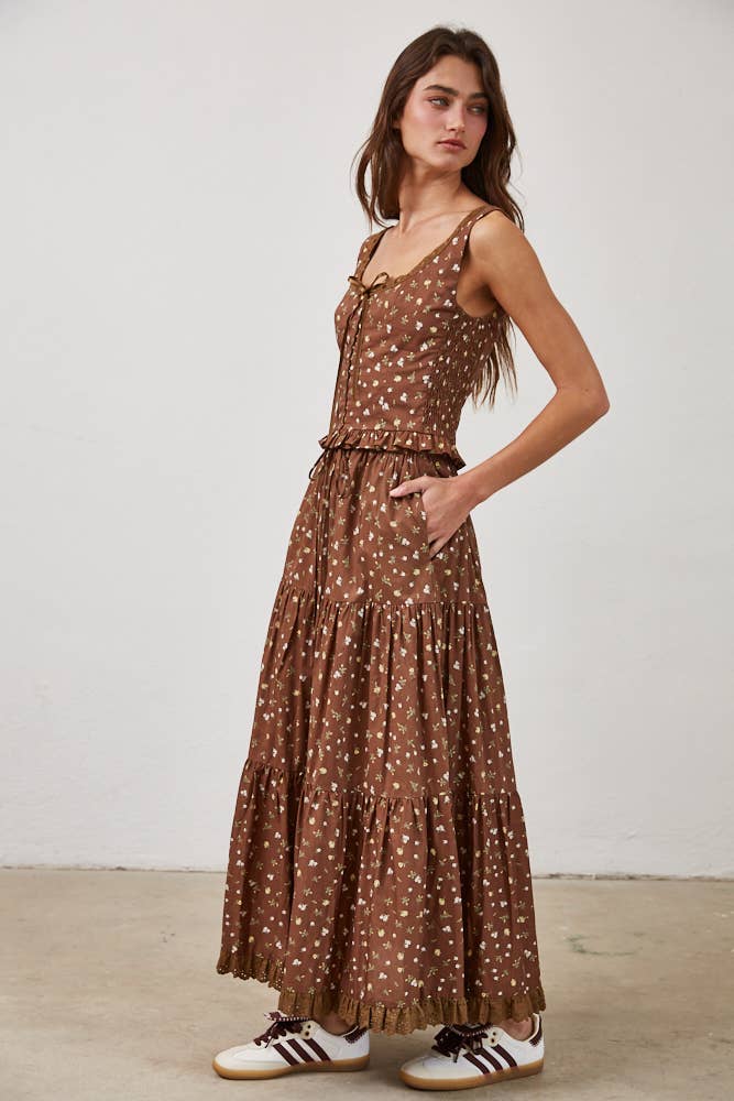 Floral Lace Trim Front Tie Top & Skirt Set