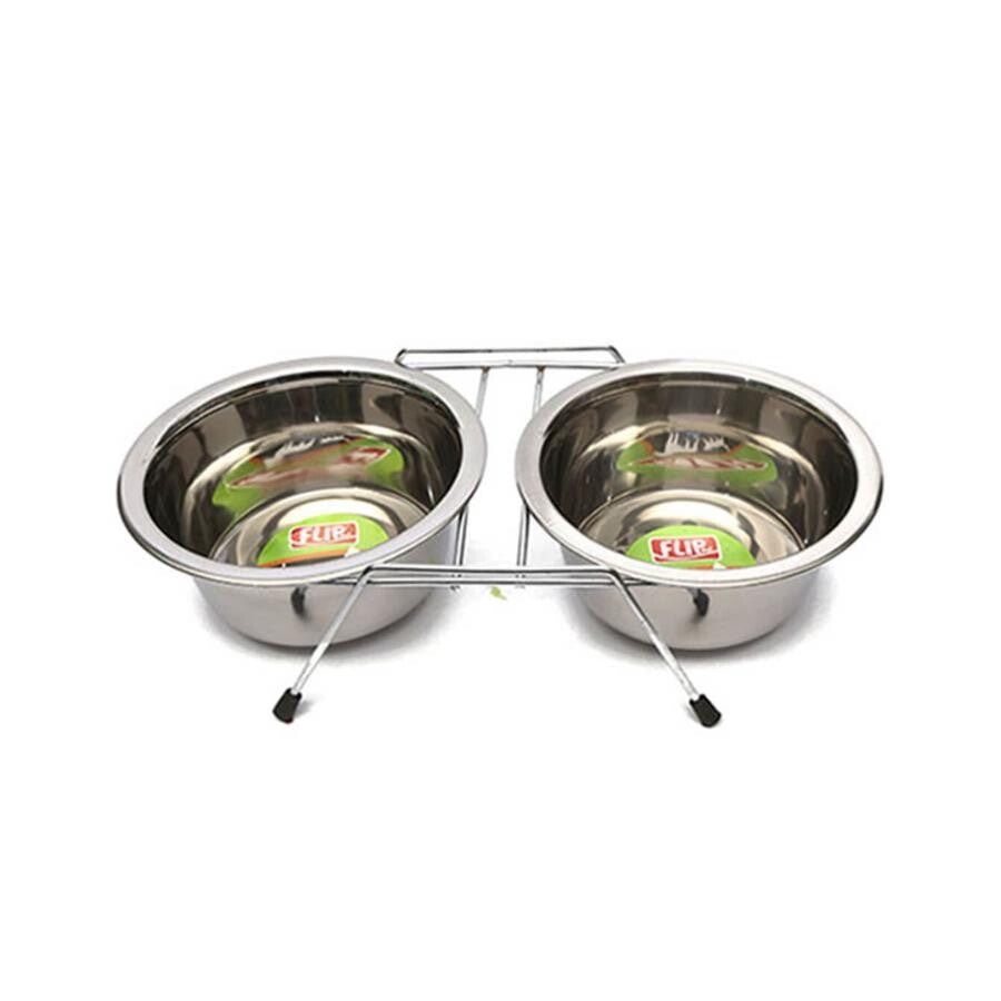 Flip Stainless Steel Double Pet Bowl Set with Wire Stand 2x240ml