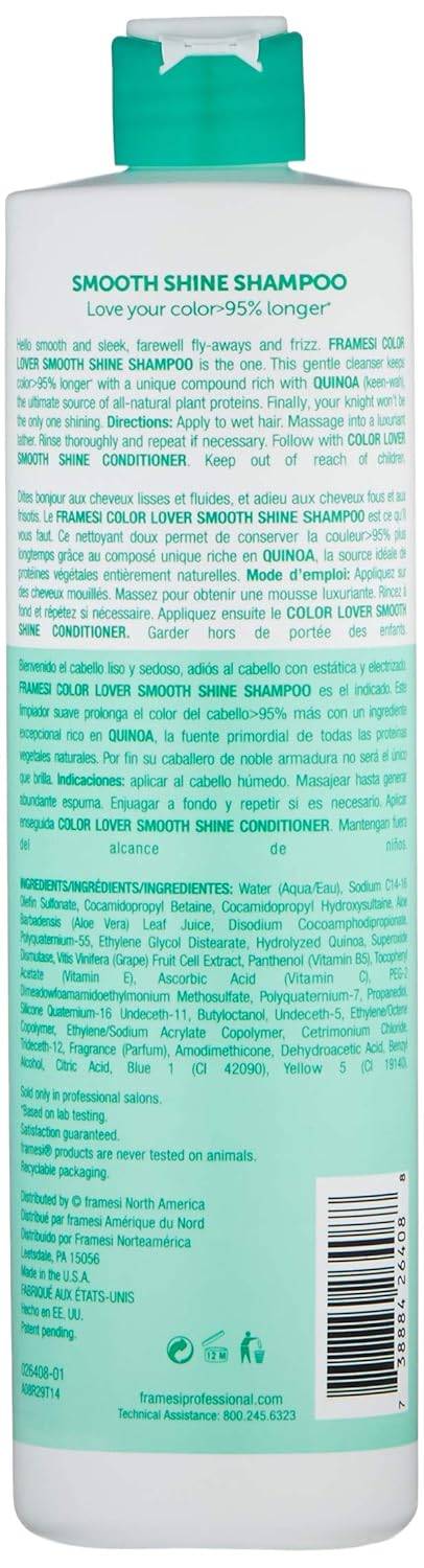 Framesi Color Lover Smooth Shine Shampoo, Sulfate-Free with Quinoa and Aloe Vera for Color Treated Hair, 33.8 oz