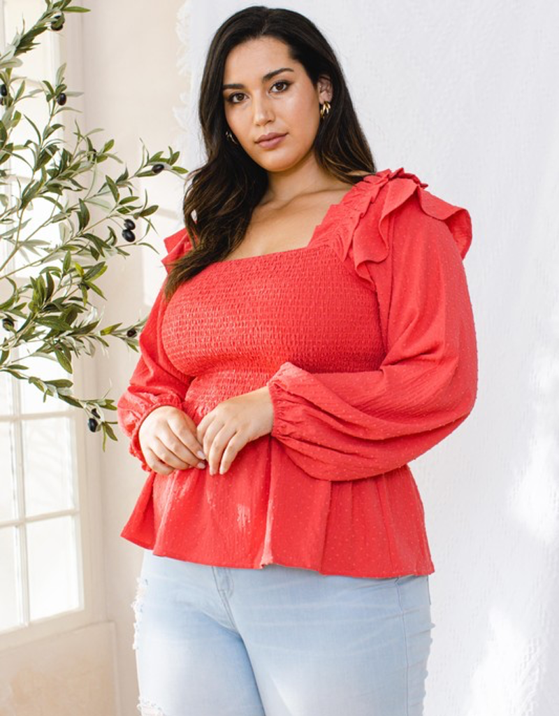 Textured Dot Fabric Ruffle Smocked Blouse - Deep Coral
