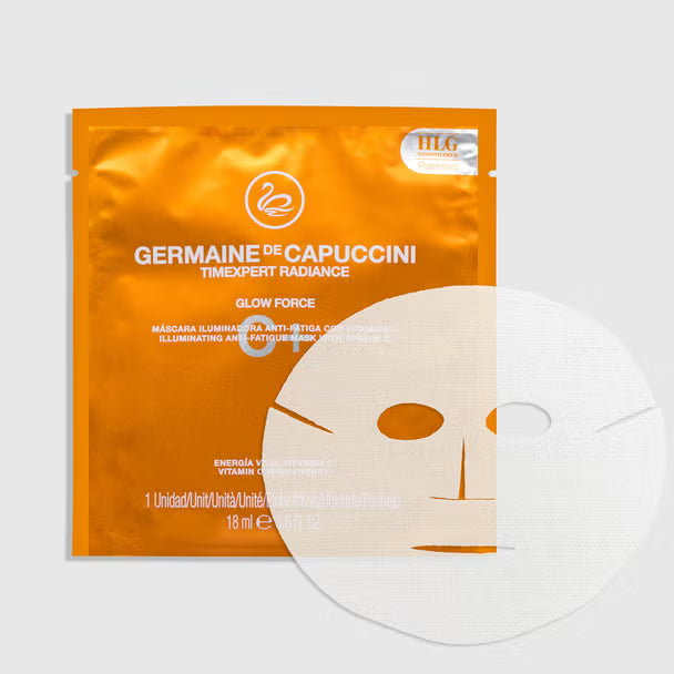 Germaine de Capuccini Timexpert Radiance C+ Glow Force, one 18 ml sheet mask with orange sachet.
