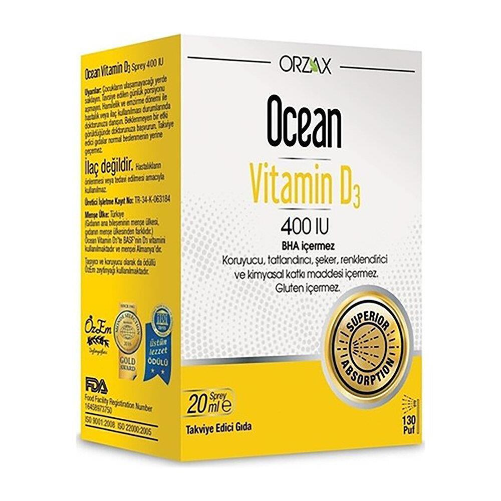 Ocean Vitamin D3 400 IU Spray Supplement - 20ml Olive Oil Based for Bone Health