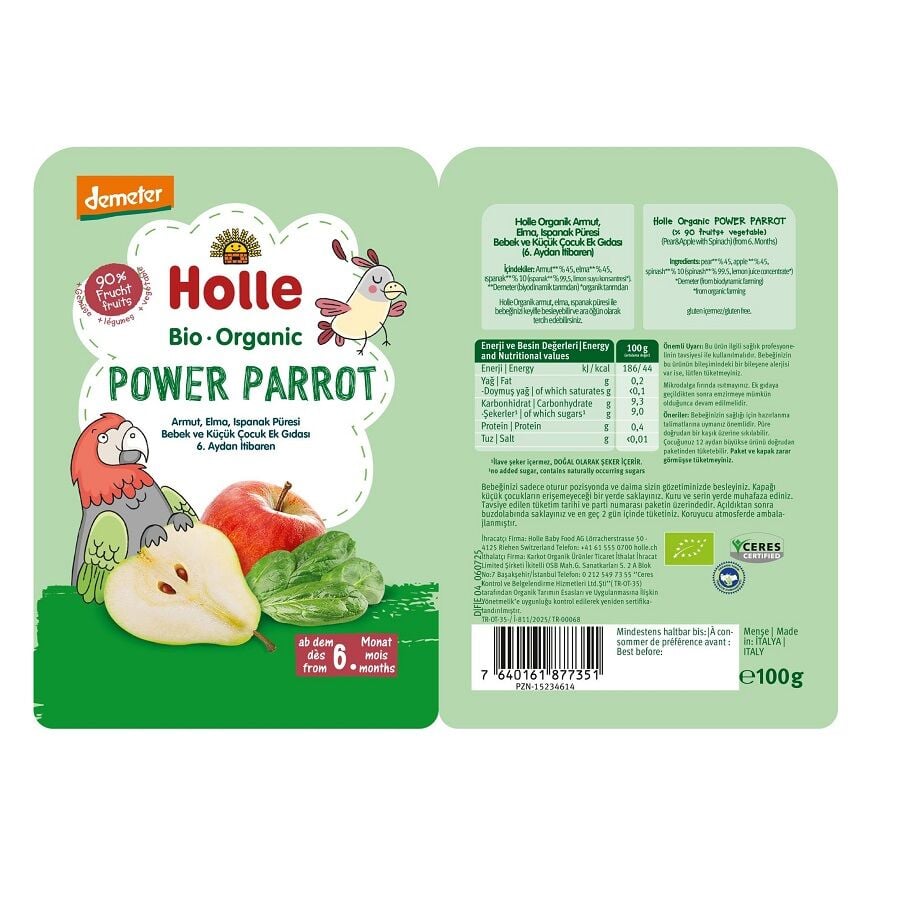 Holle Organic Power Parrot Pear, Apple & Spinach Puree 100g