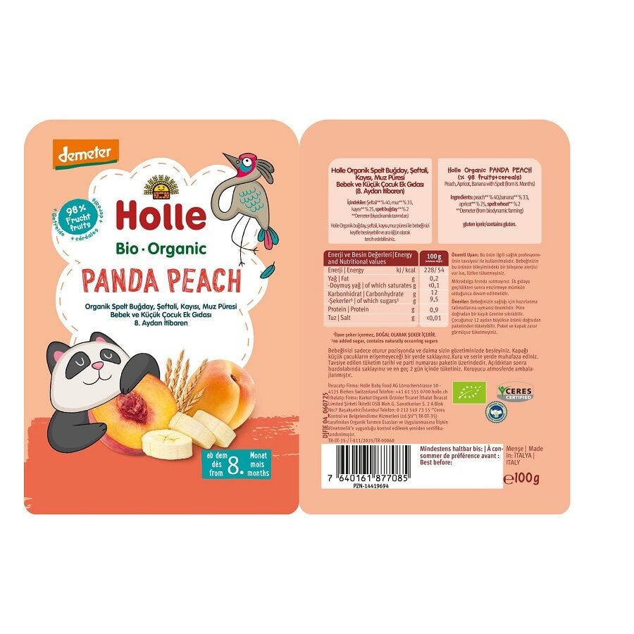 Holle Organic Panda Peach Wheat and Mixed Fruit Puree 100g