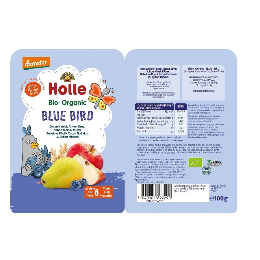 Holle Organic Blue Bird Pear Apple & Blueberry Puree 100g