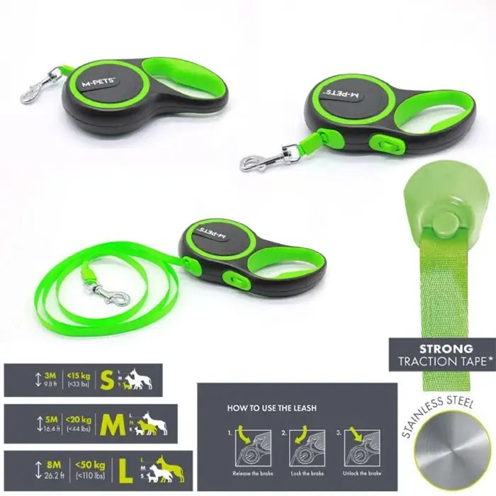 M-Pets Liberty Retractable Dog Leash 5m Green Medium