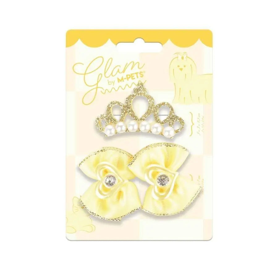 M-Pets Glam Yellow Crown and Bow Accessory for Cats and Dogs