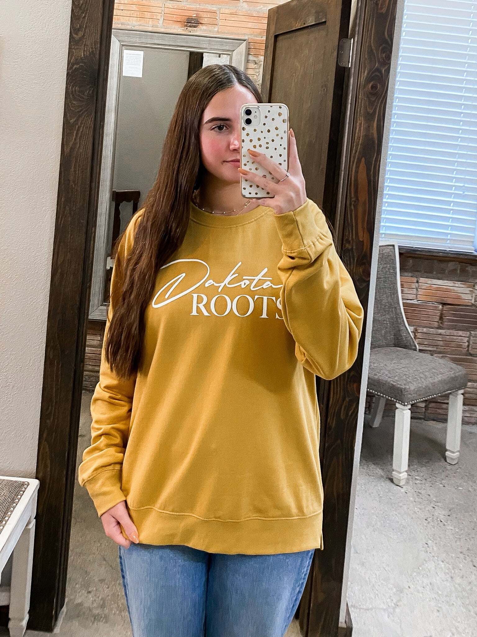 Dakota Roots Puff Print Crew - Mustard