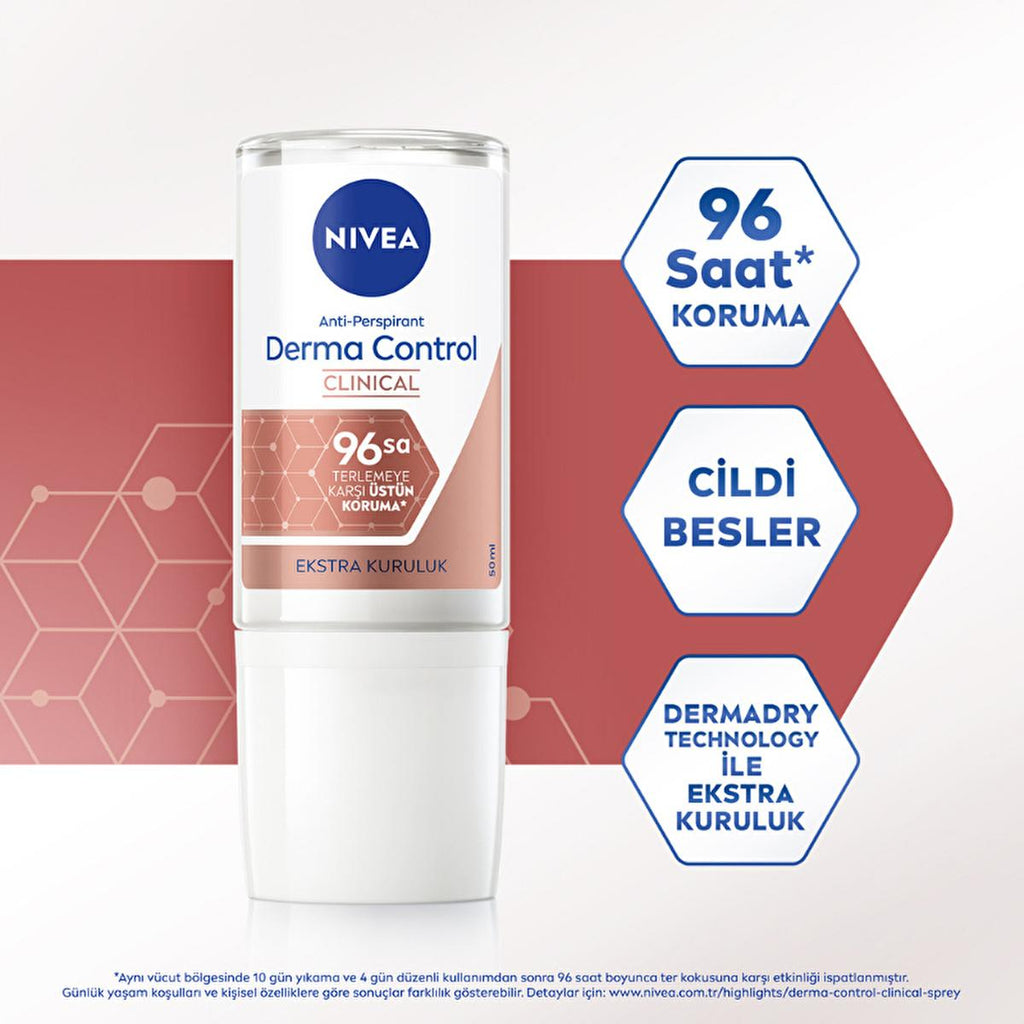 Nivea Derma Control Clinical Women's Roll-on Deodorant: 96-Hour Sweat & Odor Protection, Vitamin C, Underarm Darkening Treatment, Sensitive Skin Approved