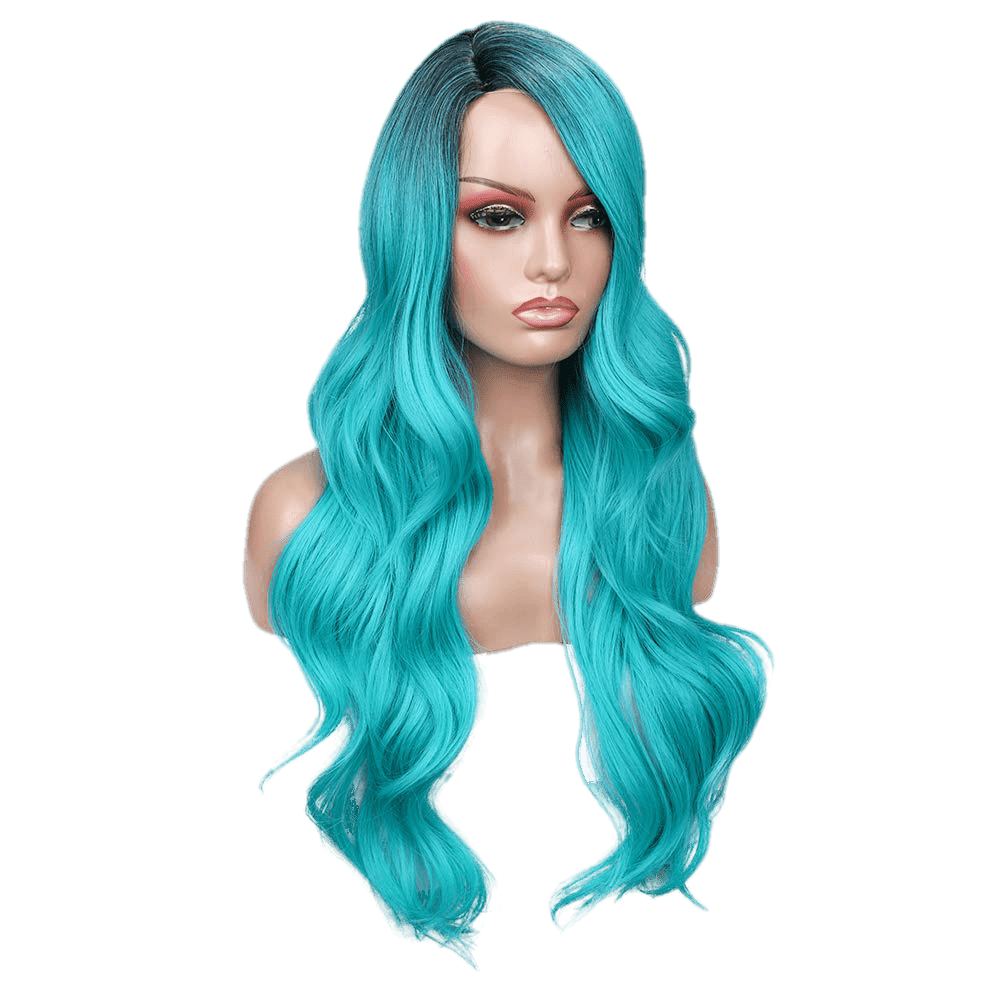 Long Wavy Side Part Wig Ombre Bluish Green Color Heat Resistant