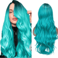 Long Wavy Side Part Wig Ombre Bluish Green Color Heat Resistant