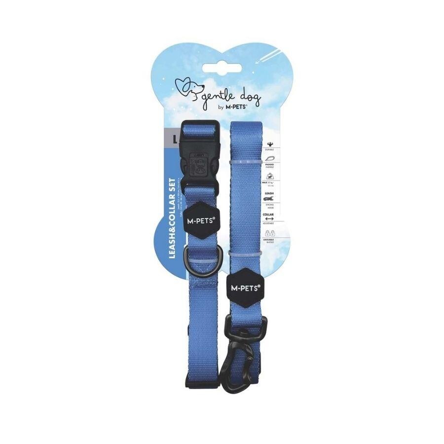 M-Pets Gentle Dog Collar and Leash Set Padded Blue Size L