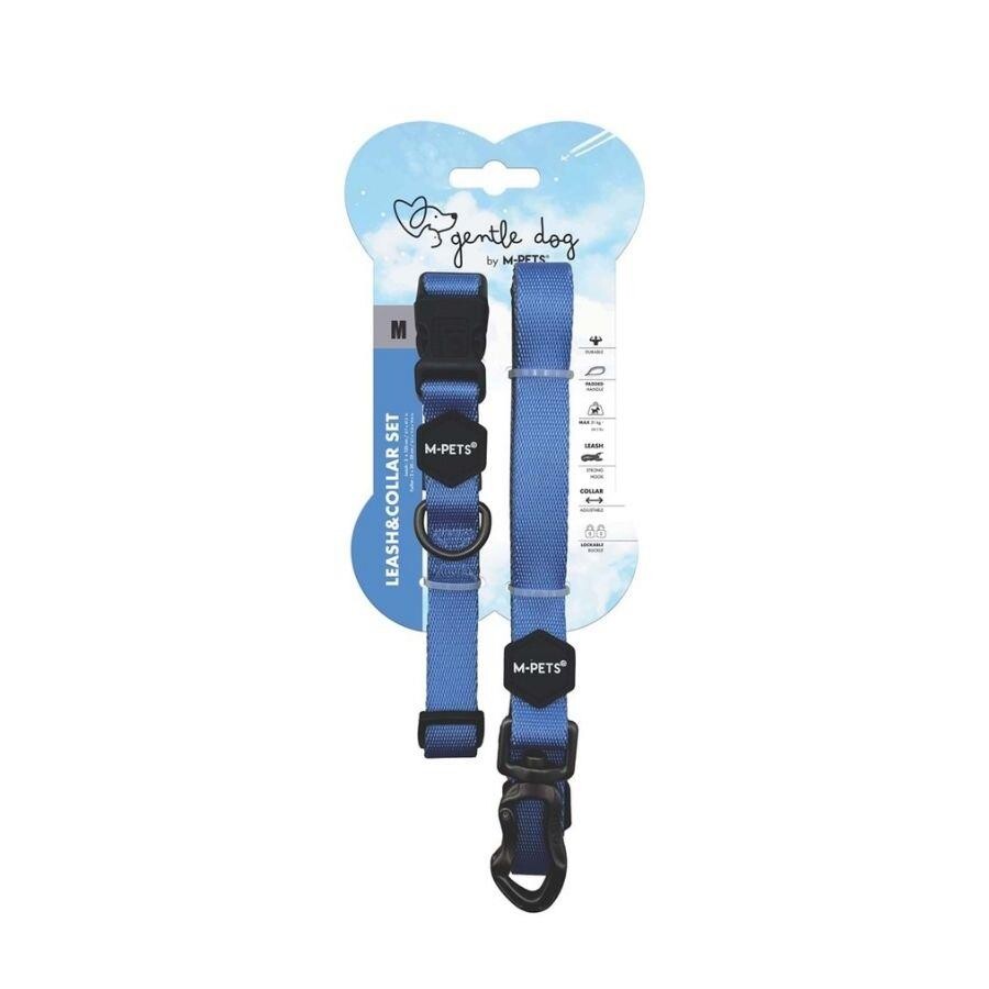 M-Pets Gentle Dog Collar and Leash Set Padded Blue Medium