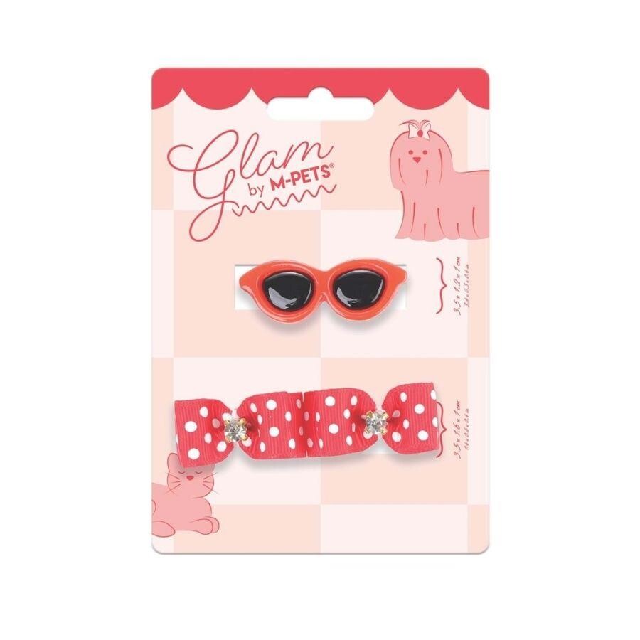 M-Pets Glam Bow and Glasses Pet Hair Clips Set in Red