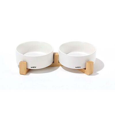 M-Pets Opera Bamboo Stand Ceramic Cat Bowls White 2x350 ml