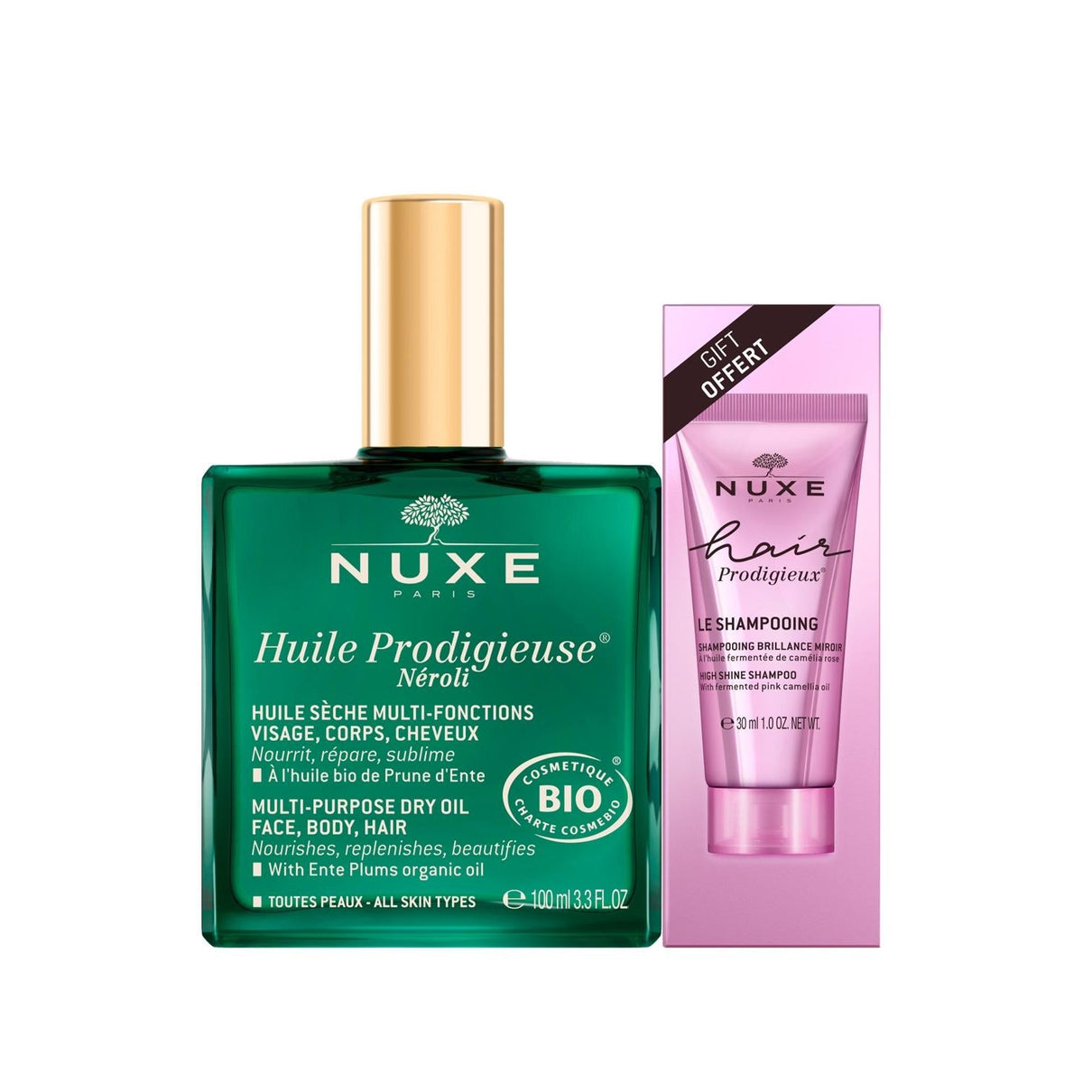 Nuxe: Huile Prodigieuse Neroli Dry Oil & Hair Prodigieux Shampoo Set - Moisturizing Skin & Hair, Natural Scent, Travel Size, Quick Absorption