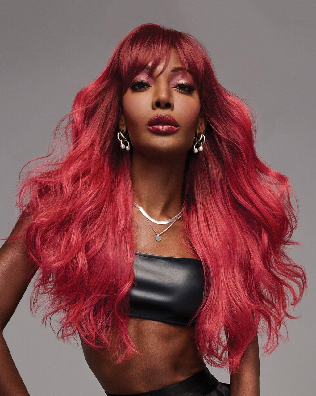 VIP Extensions That's My Jam Cherry Red Wavy Wig with Bangs