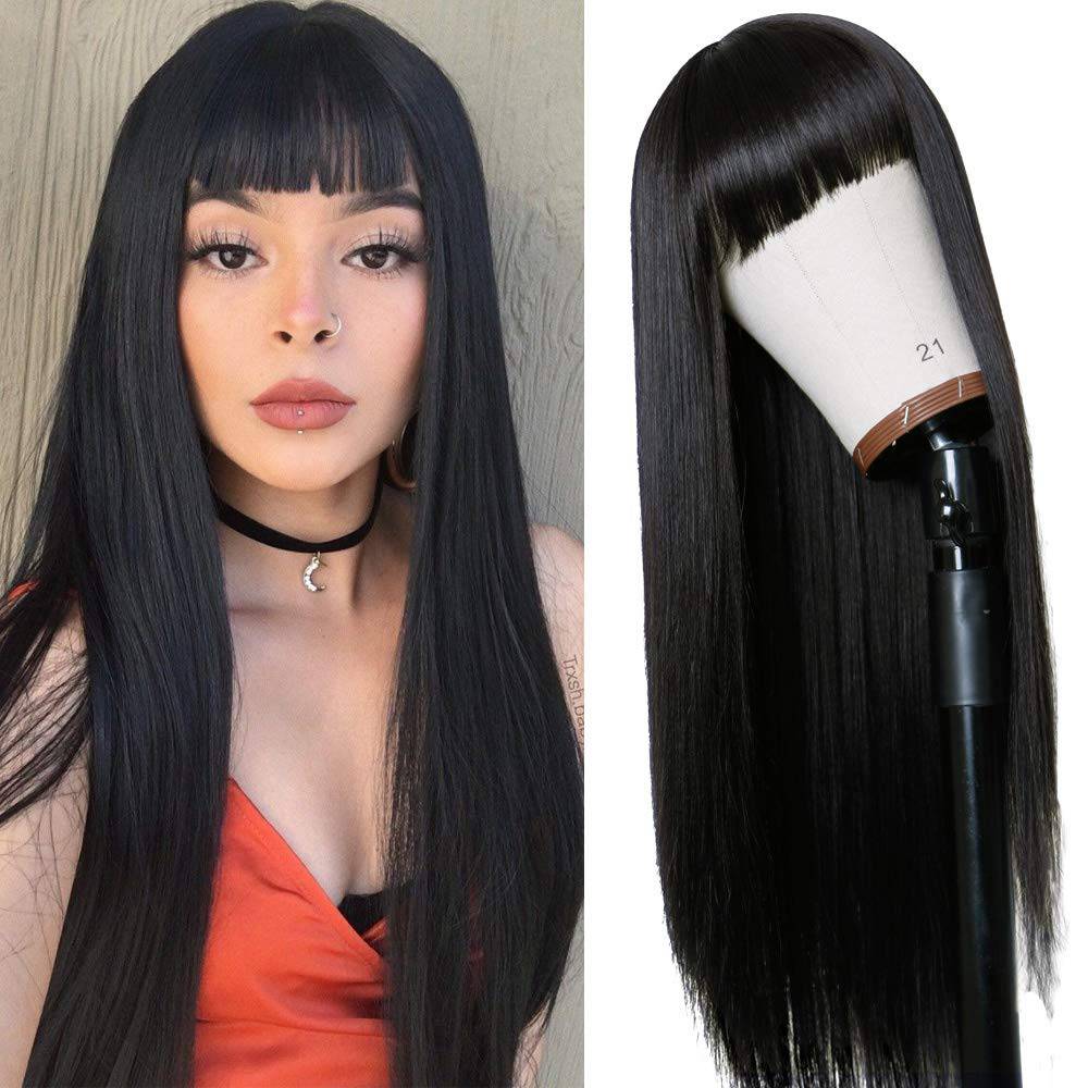 VIP Extensions Off Black Straight Synthetic Wig with Bangs, Non-Lace