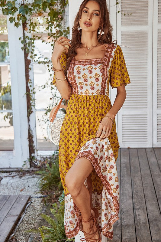Square Neck Short Sleeve Floral Dress - Yellow