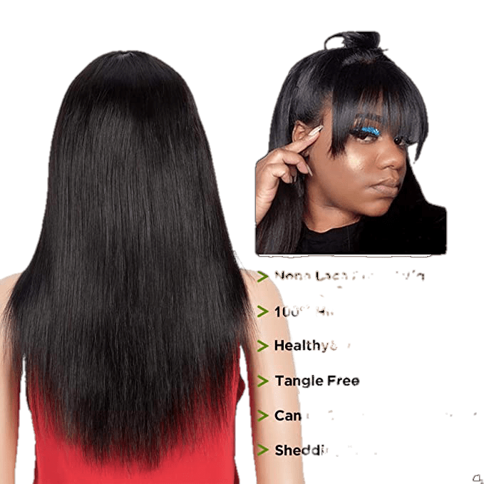 Victoria Spotlight Straight Human Hair Wig with Bangs 130% Density, Natural Black, 20 in