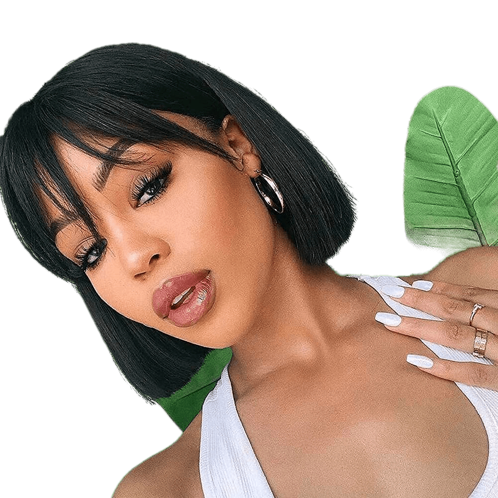 VIP Extensions Human Hair Short Bob Wig with Bangs, 16 in