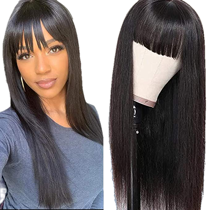 Victoria Spotlight Straight Human Hair Wig with Bangs 130% Density, Natural Black, 20 in