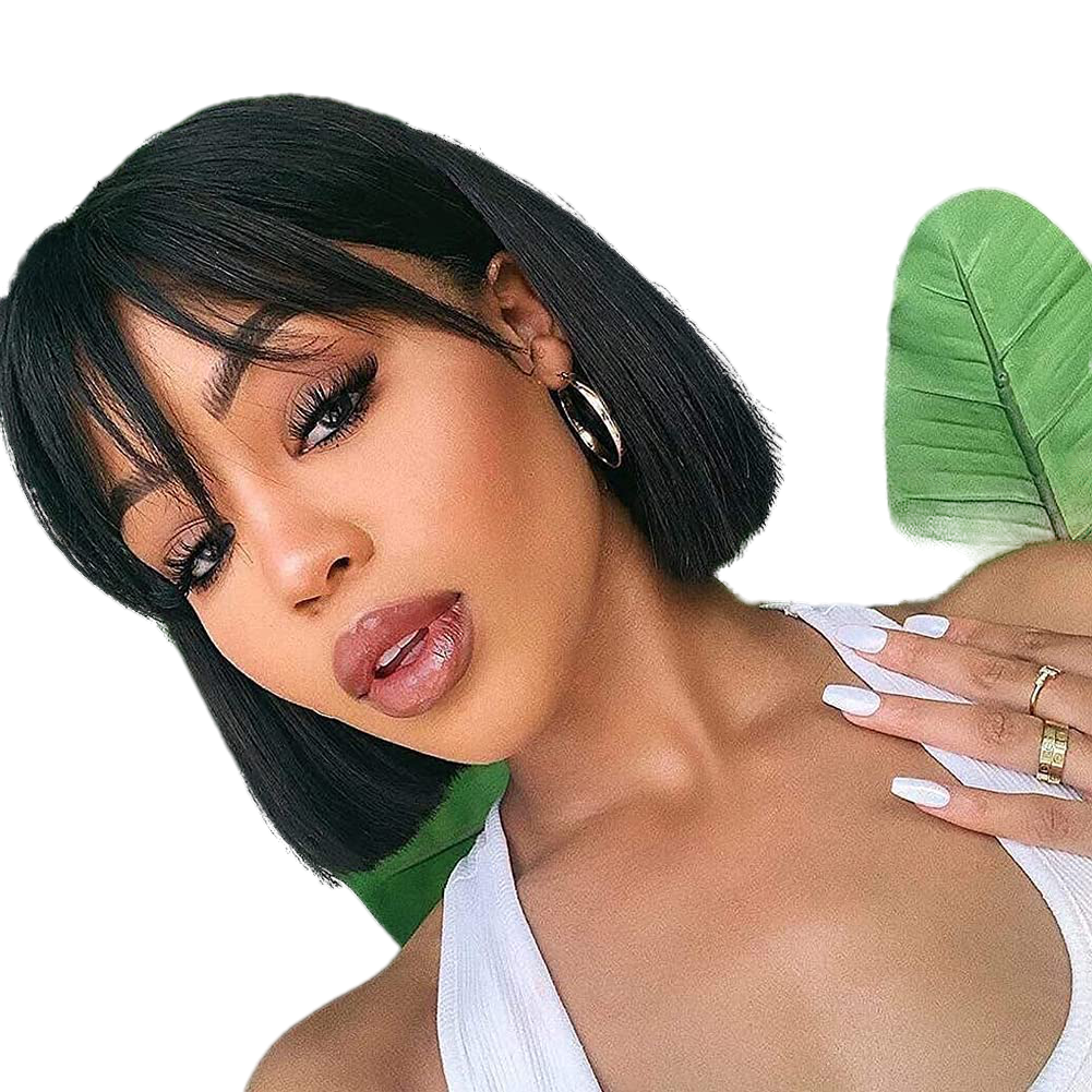 VIP Extensions Human Hair Short Bob Wig with Bangs, 16 in