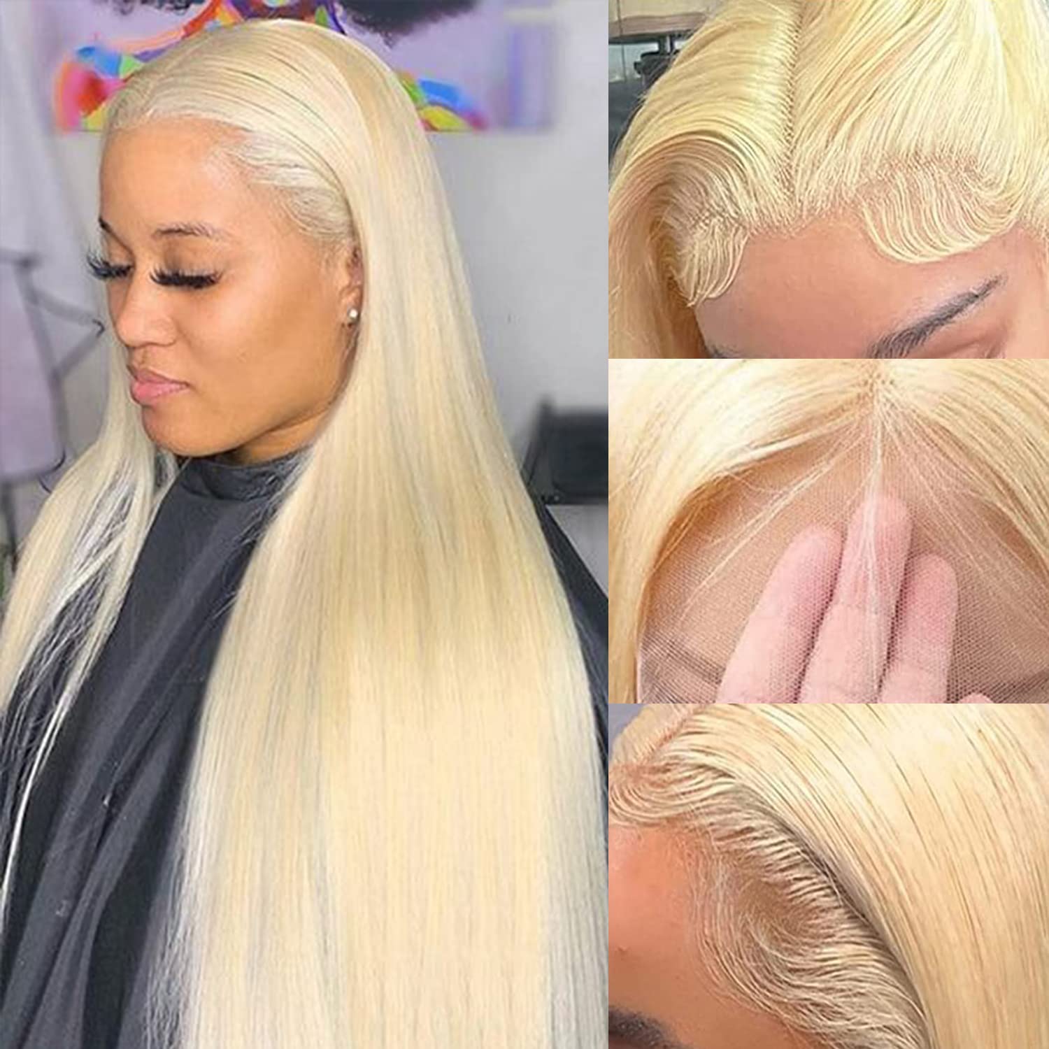 AM Lace Front Human Hair Wig, Straight 613 Blonde, 28 in