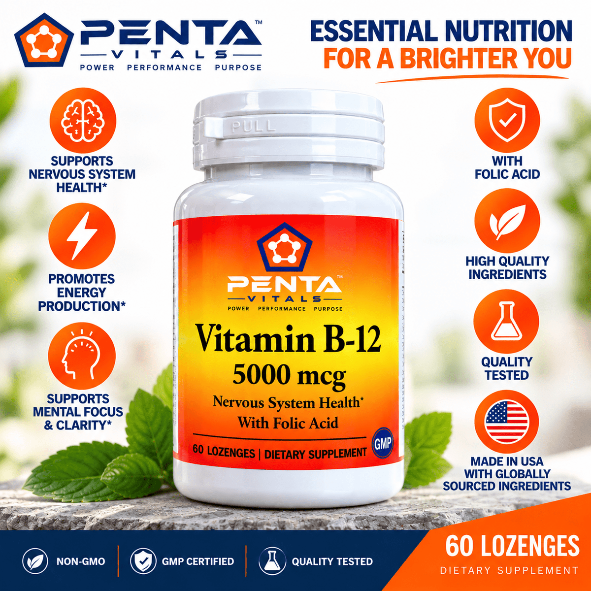 Penta Vitals Vitamin B-12 5000 mcg with Folic Acid – 60 Lozenges