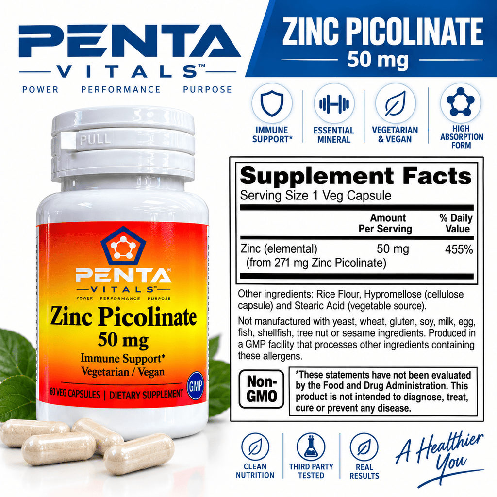 Penta Vitals Zinc Picolinate 50mg – Immune Support | 60 Veg Capsules
