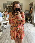 Frilled Collar Long Sleeve Floral Dress