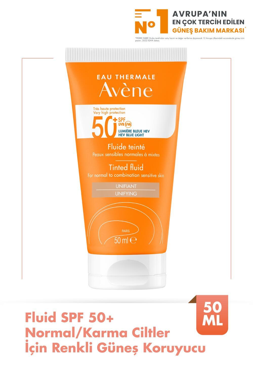 Avene Fluide SPF 50+ Sunscreen for Normal/Combination Skin - Lightweight, UVA/UVB/Blue Light Protection