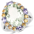 9.42 Carat Genuine Green Amethyst, Citrine and Tanzanite .925 Sterling Silver Ring