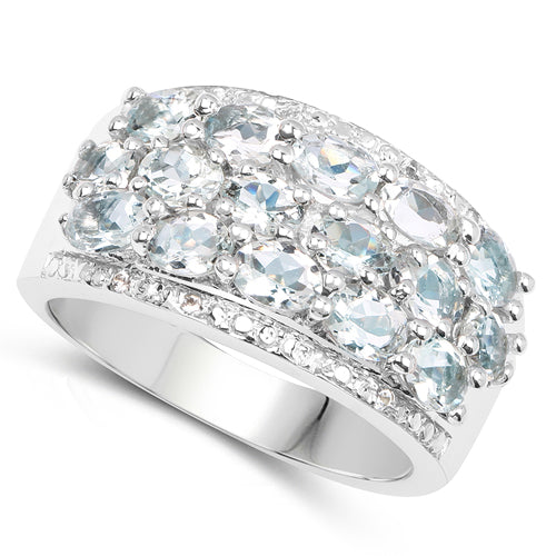 2.44 Carat Genuine Aquamarine & White Topaz .925 Sterling Silver Ring