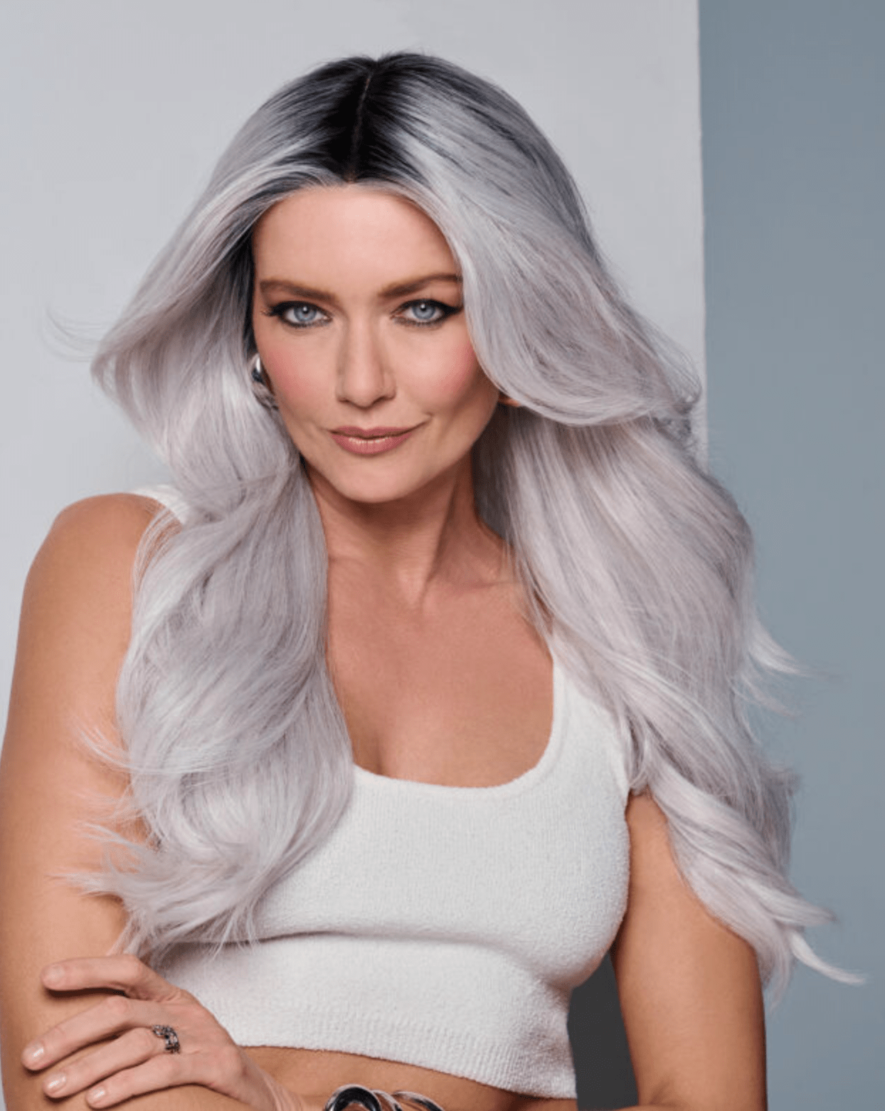 Raquel Welch Queue the Hue Long Cascading Waves Wig by HairUWear, Average Cap - Gray Lavender