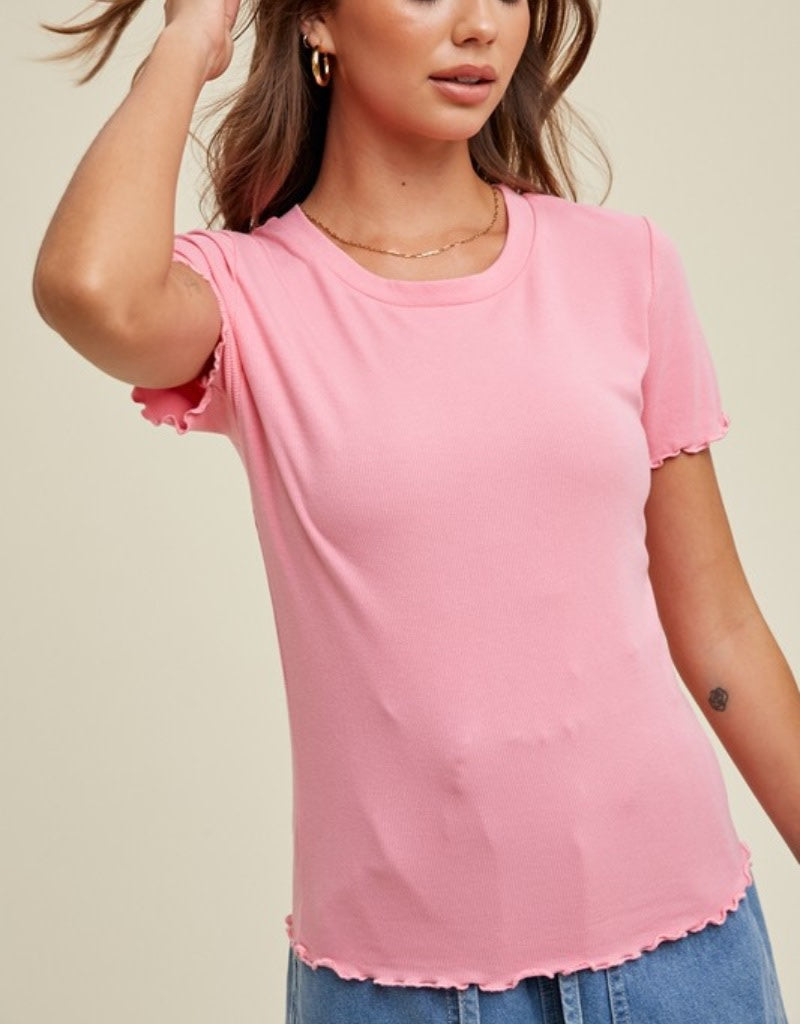 Ribbed Knit Top With Lettuce Trim - Punch