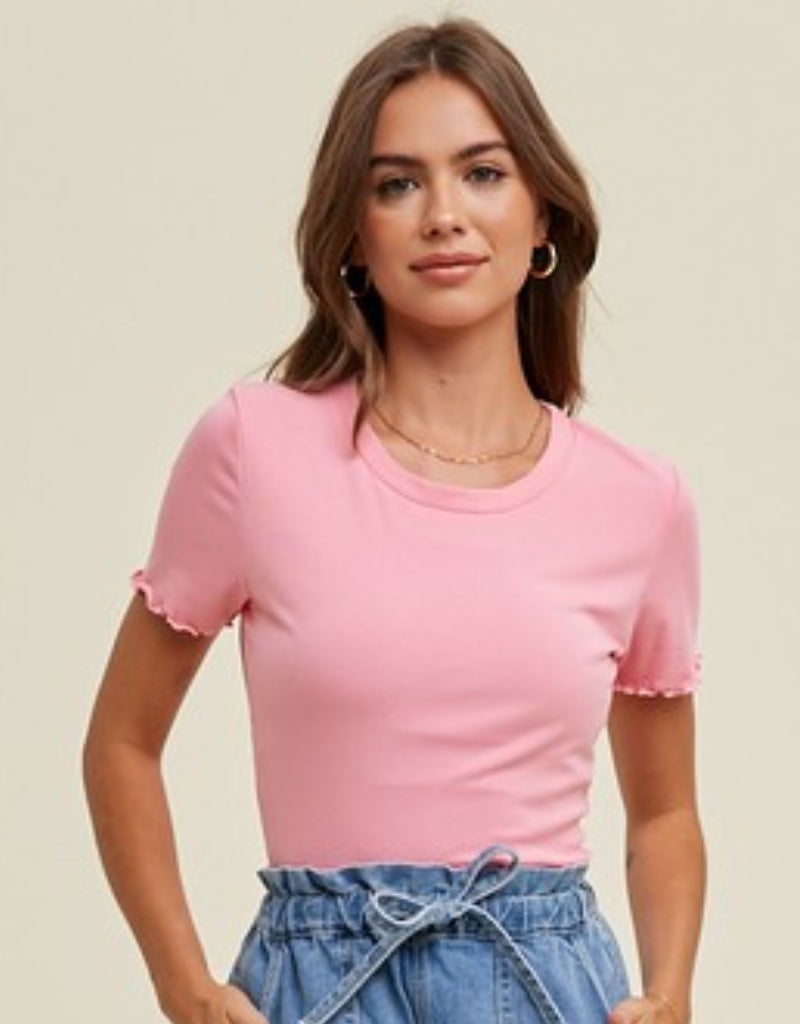 Ribbed Knit Top With Lettuce Trim - Punch