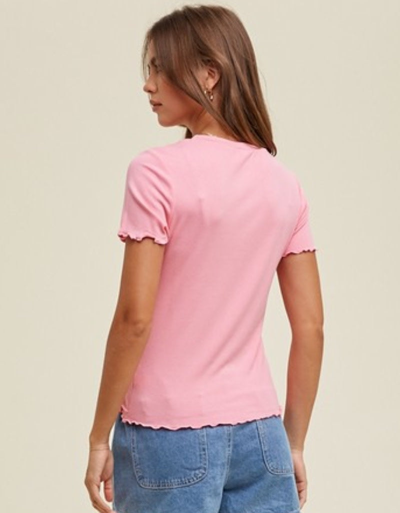 Ribbed Knit Top With Lettuce Trim - Punch