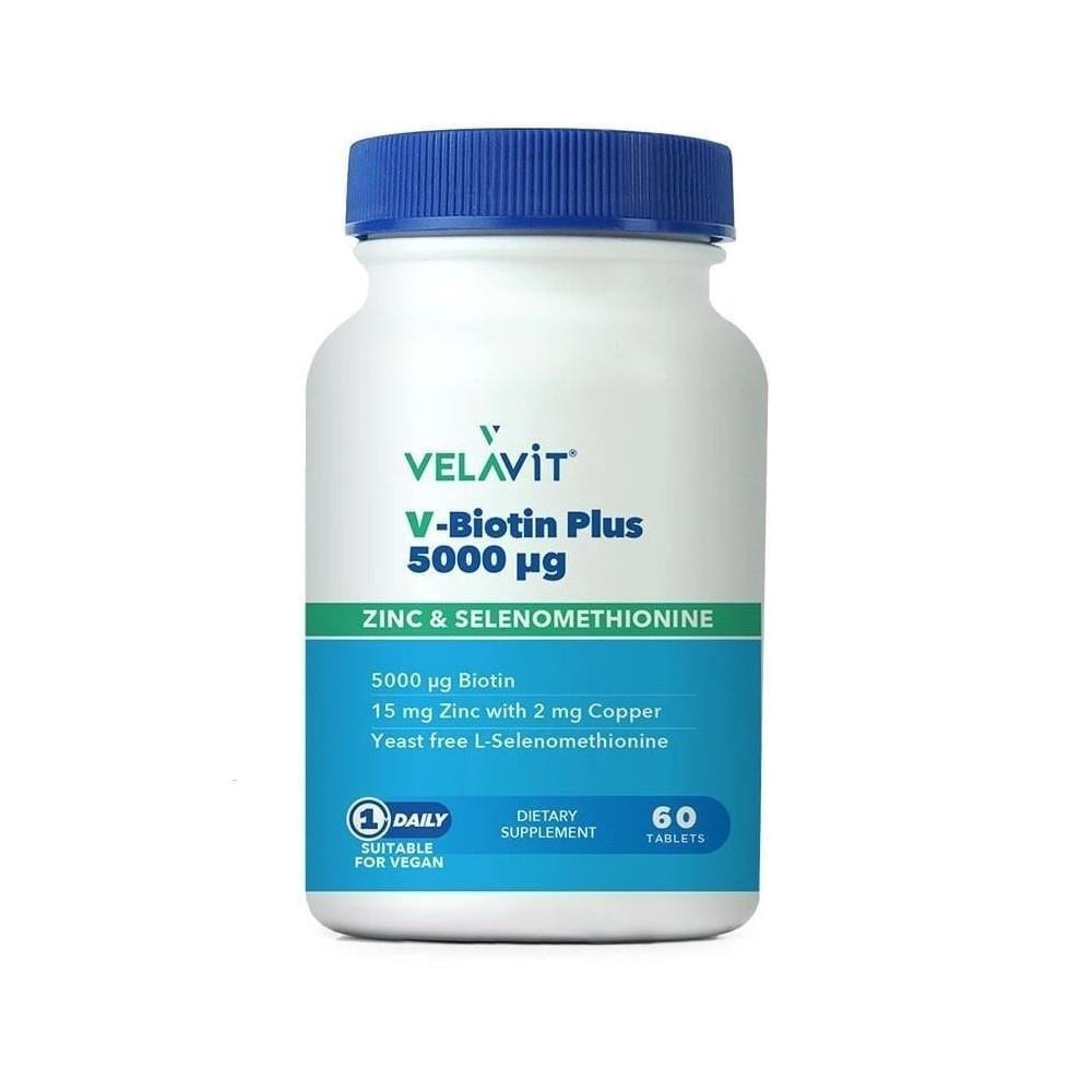 Velavit V-Biotin Plus 5000 mcg Biotin Supplement - 60 Tablets for Healthy Skin, Hair & Nails