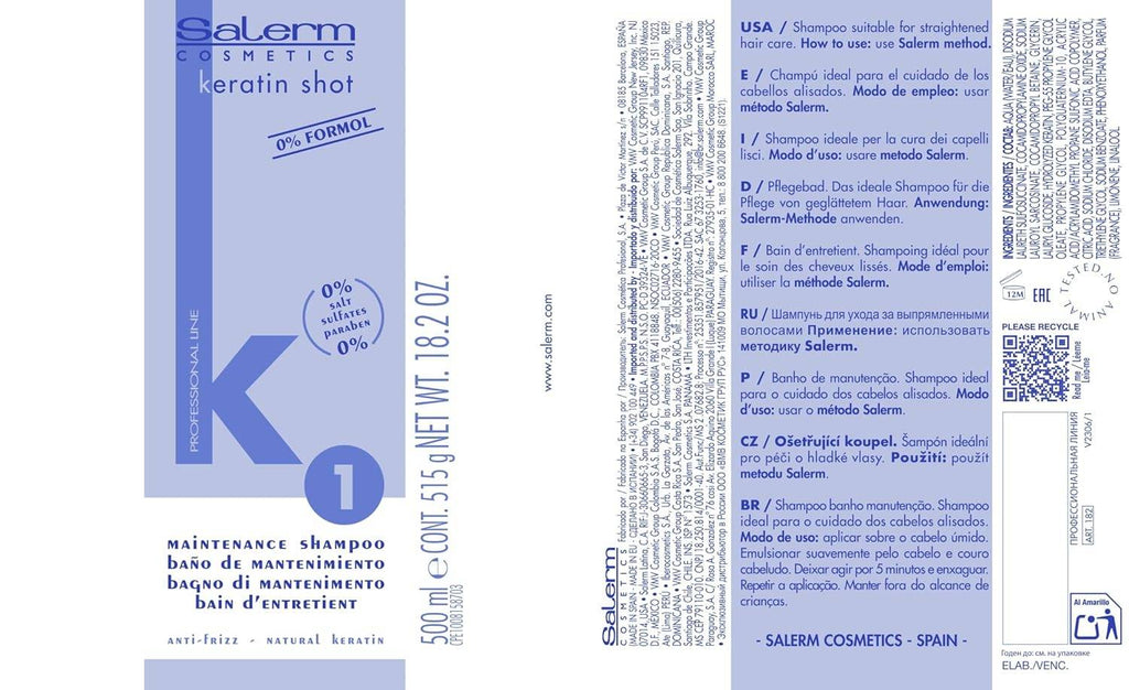 Salerm Keratin Shot Sulfate-Free Shampoo Hair Care 18 oz