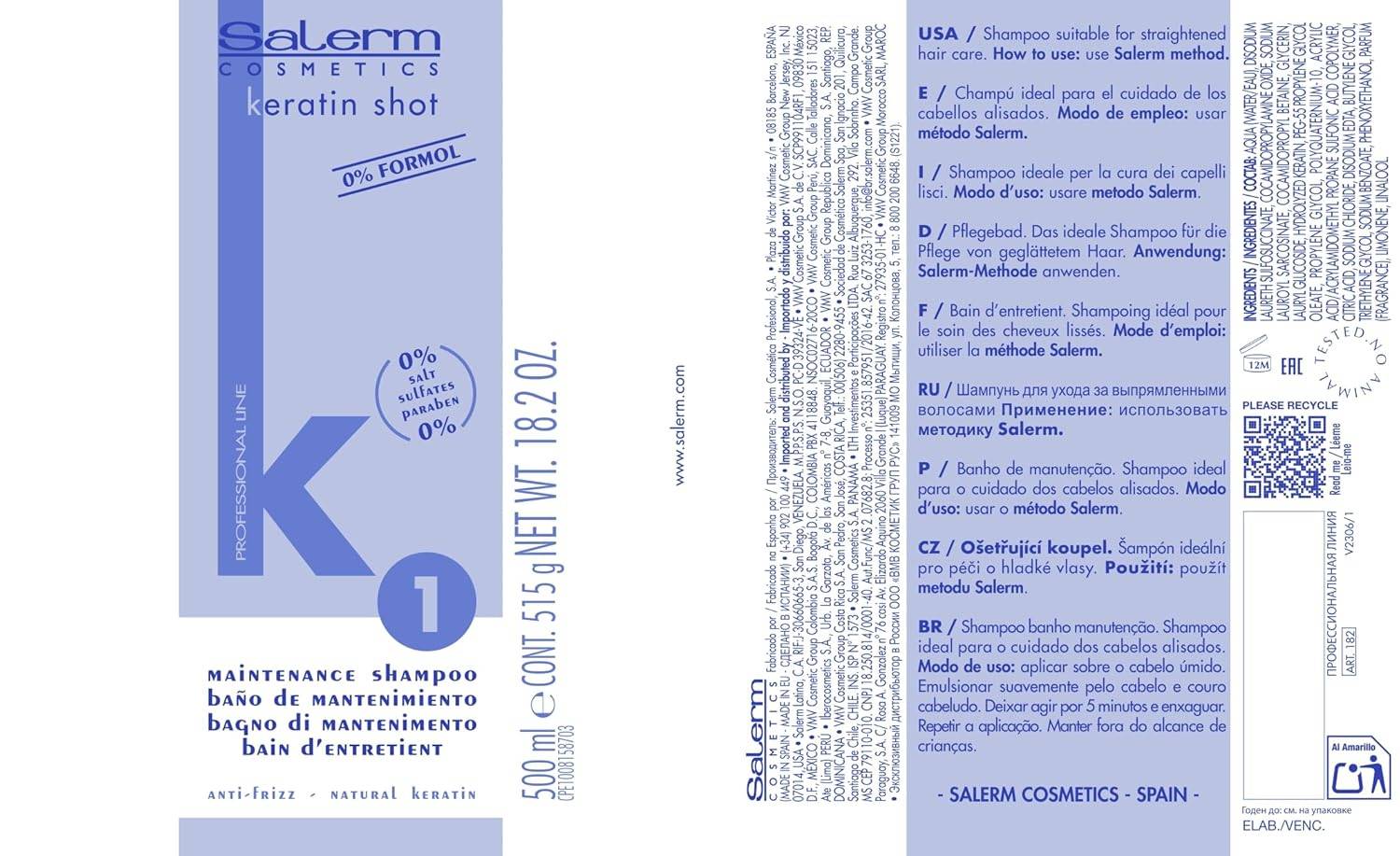 Salerm Keratin Shot Sulfate-Free Shampoo Hair Care 18 oz