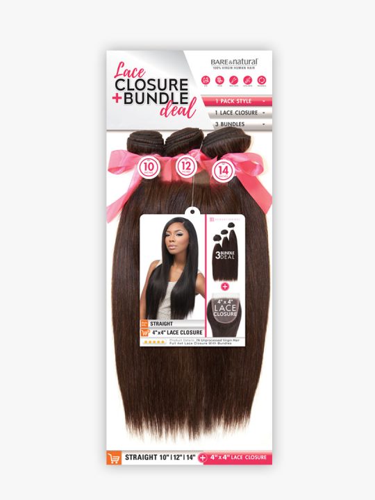 Sensationnel Virgin Remy Human Hair Weave Bare & Natural Straight 3pcs with 4"x4"Closure