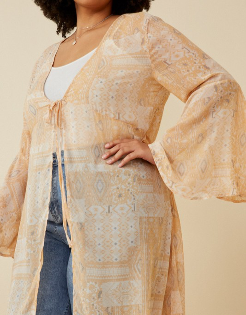 Sheer Patch Print Chiffon Tie- Front Duster - Tan