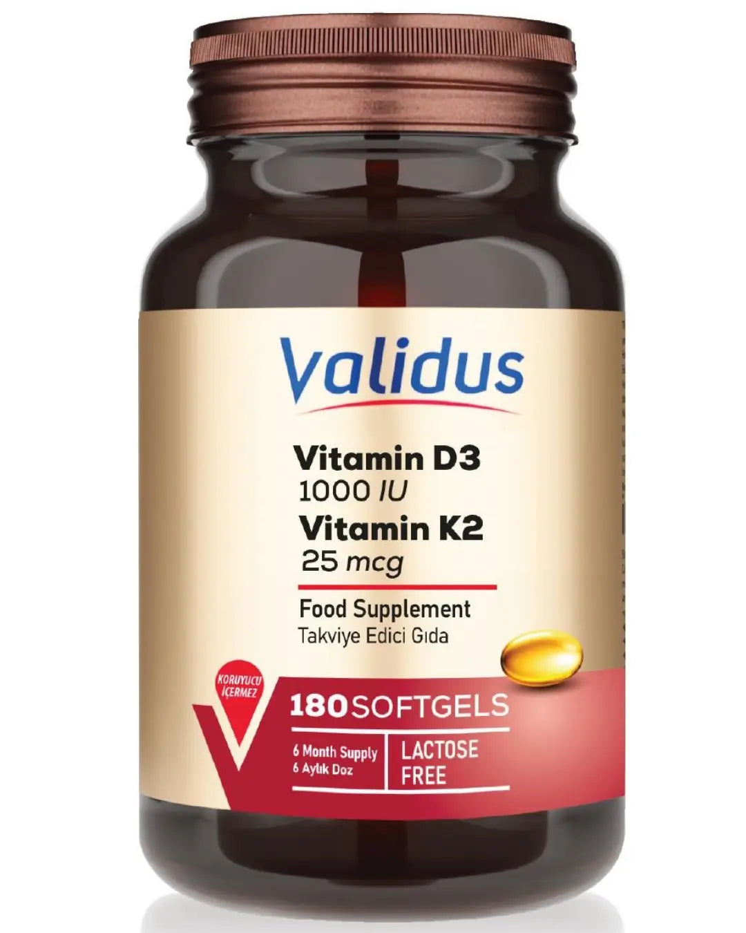 Validus Vitamin D3 + Vitamin K2 Support Supplement 180 Softgels